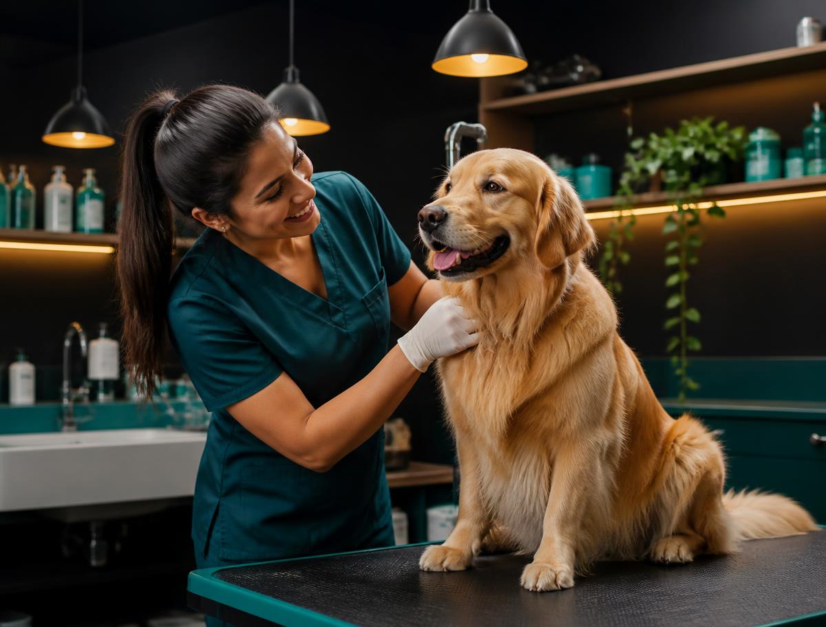 Profissional cuidando de um Golden Retriever